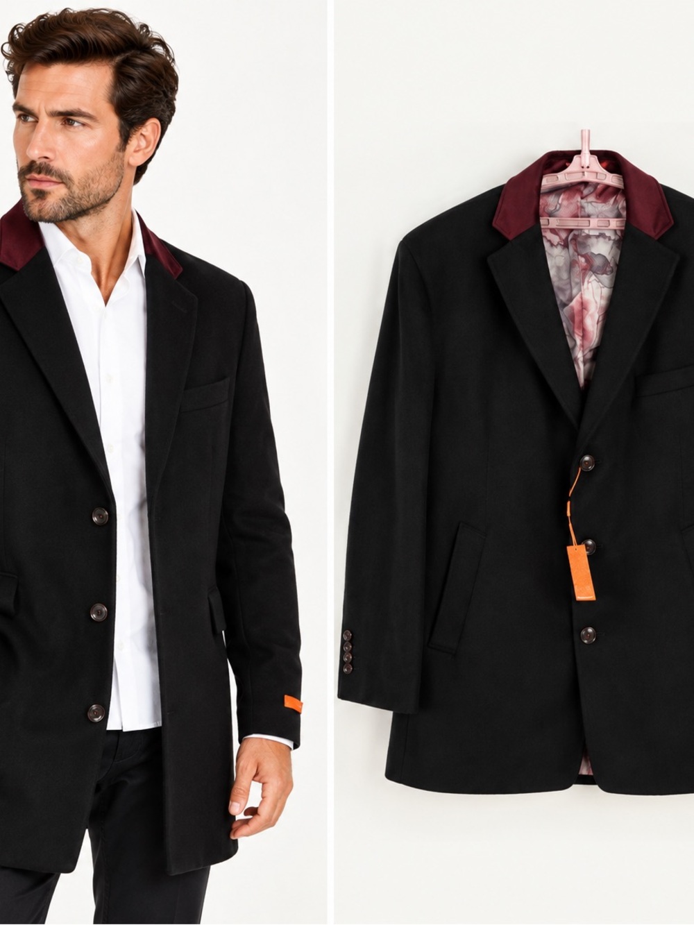 Tallia Men's Velutti Overcoat Solid Black Wool Blend Contrasting Collar NWT $498